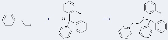 Uses of 9H-Xanthene,9-chloro-9-phenyl- can react with 2-phenyl-ethanol to give 9-phenethyloxy-9-phenyl-9H-xanthene.